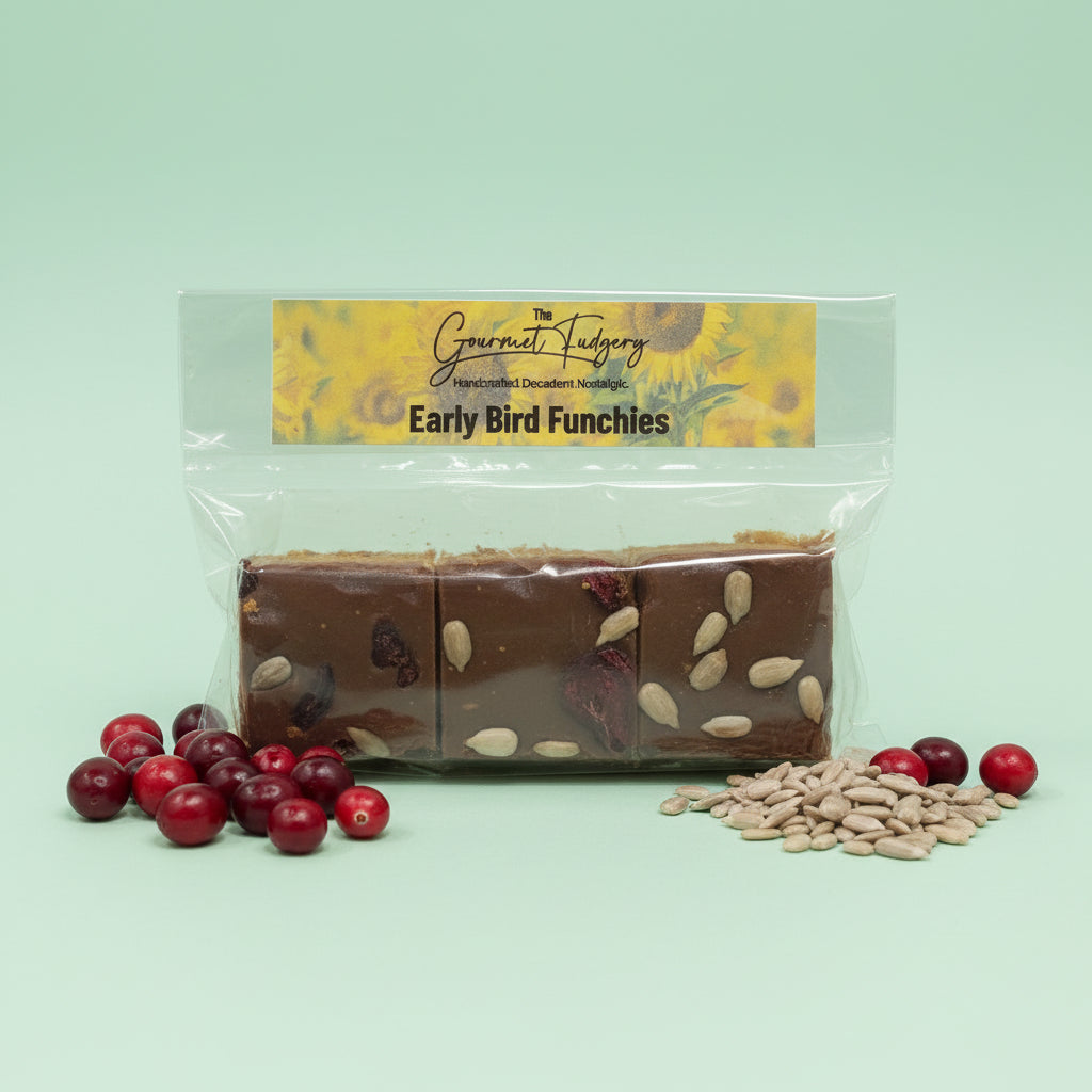 Oat Crunchie with dark chocolate fudge, Roasted Sunflower seeds and dried cranberries on a light int green background.