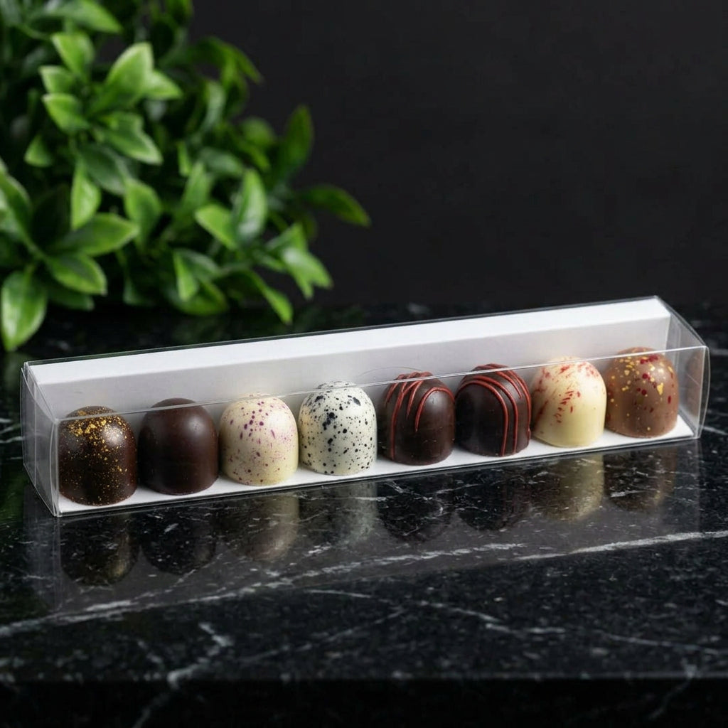 Eight handcrafted Belgian chocolate bon bons in a clear gift tube by The Gourmet Fudgery, featuring blueberry, raspberry, dark chocolate orange and espresso cherry ganache.