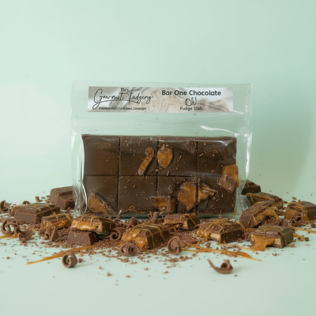 Bar One fudge slab on a mint green background with caramel and chocolate shavings.