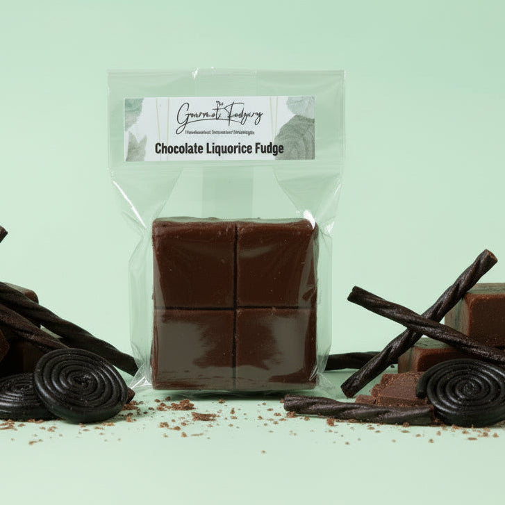 Packaged chocolate liquorice fudge with liquorice candy on a light green mint background with liquorice and chocolate elements.