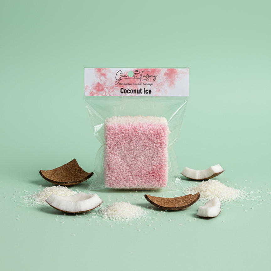 Sweet Square Coconut Ice Treat with coconut bits on a light mint green background 