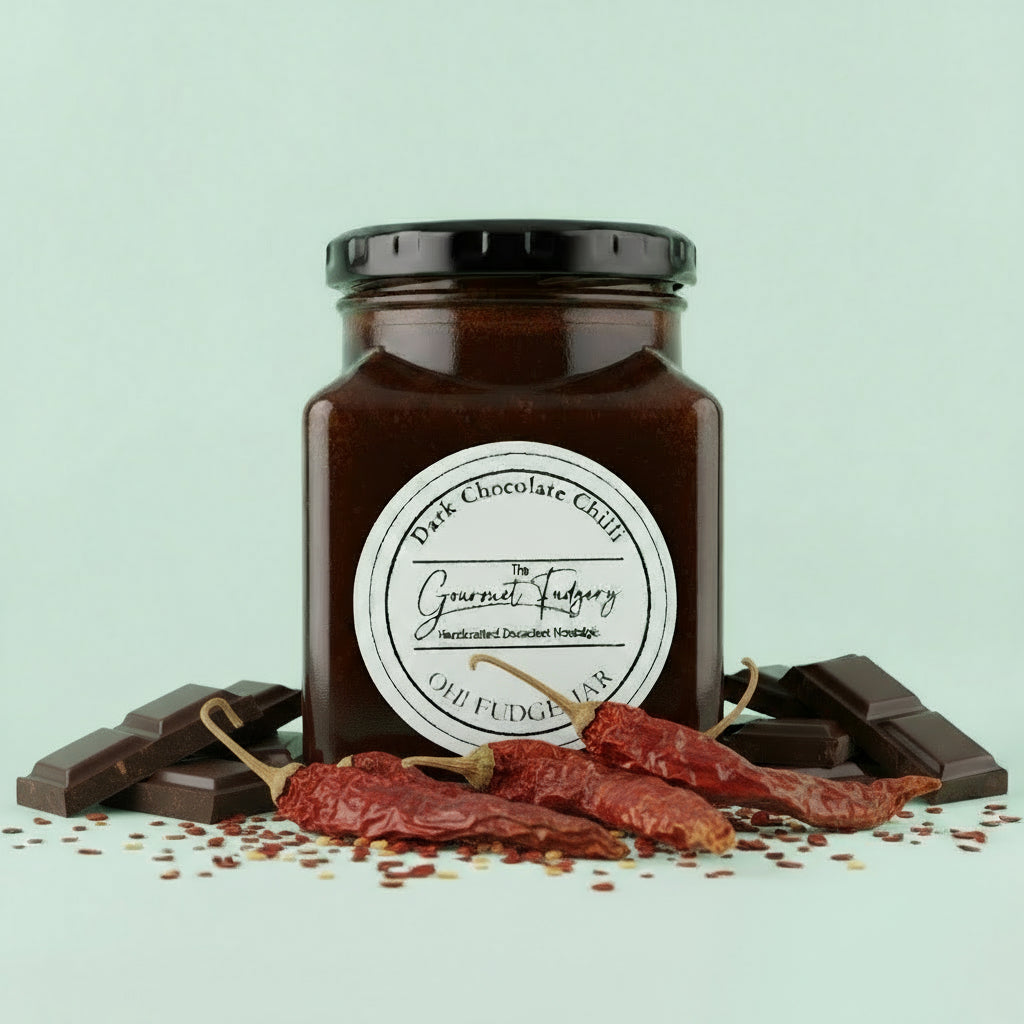 Jar of fudge with a label on a mint green background with Dried chillies and dark chocolate pieces 