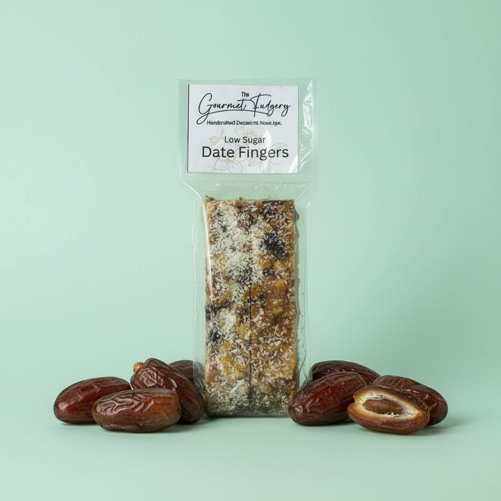Packaged low sugar date fingers with a label on a mint background