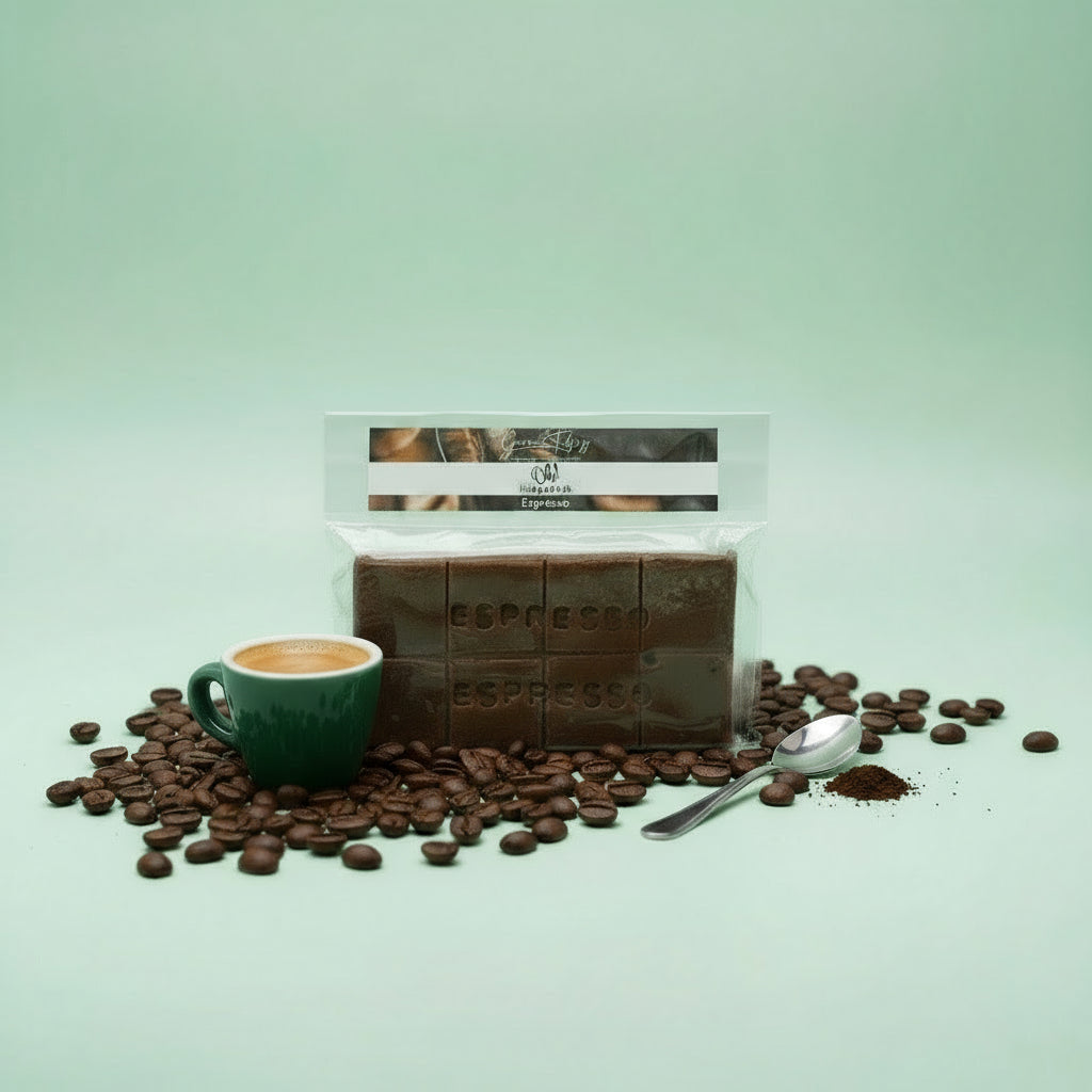 Espresso Fudge Slab on a mint background with coffee beans and a cup of Espresso.