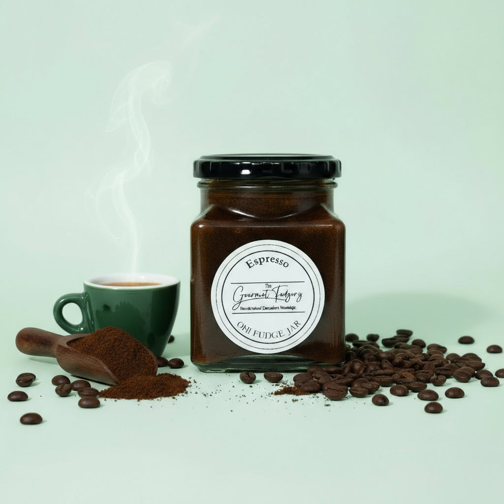 Jar of Espresso Fudge with 'The Gourmet Fudgery' label on a mint green background
