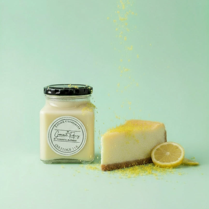 Jar of lemon cheesecake fudge with a label on a mint background