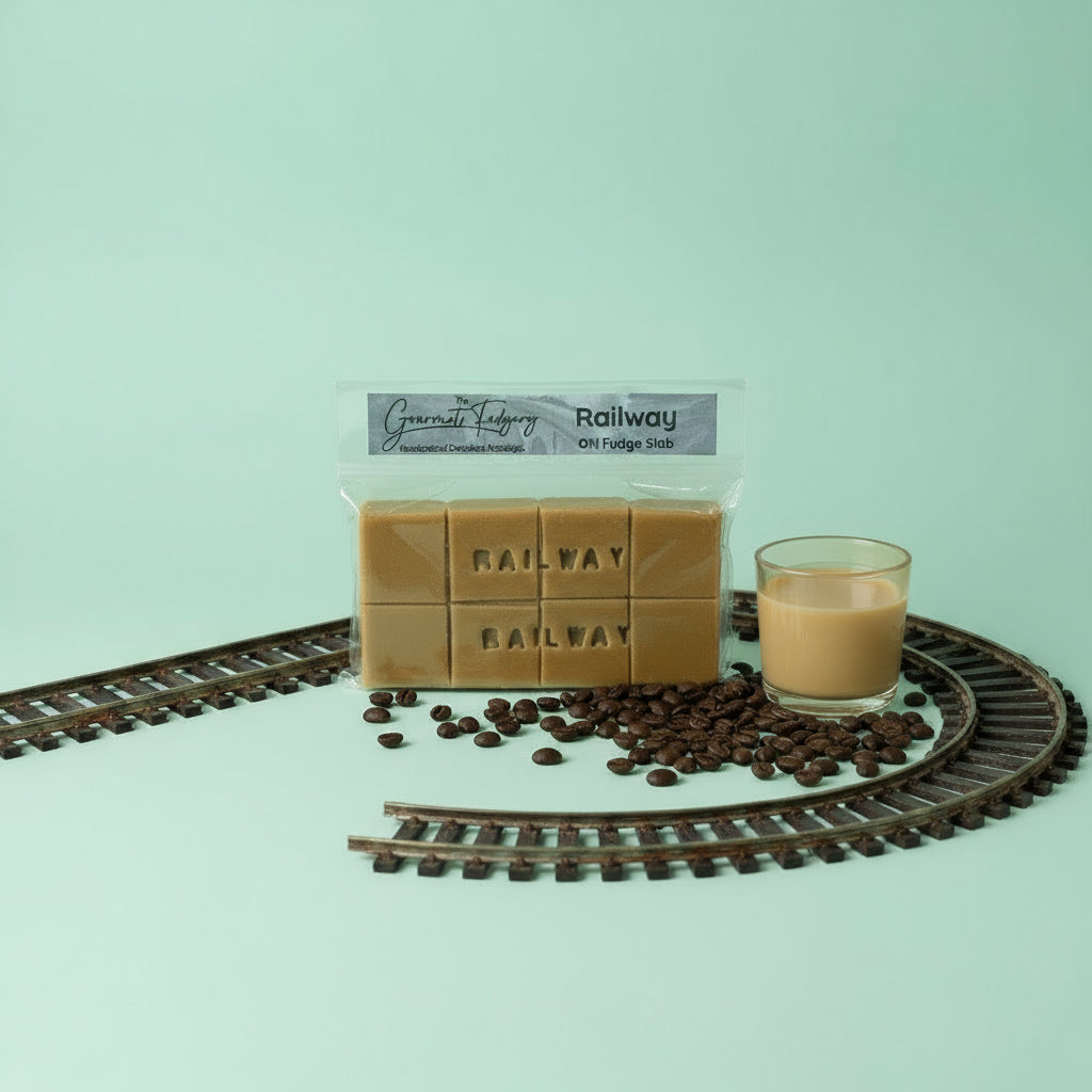 Packaged railway fudge slab on a mint background with coffee beans, condensed milk coffee, and an old model train railway track