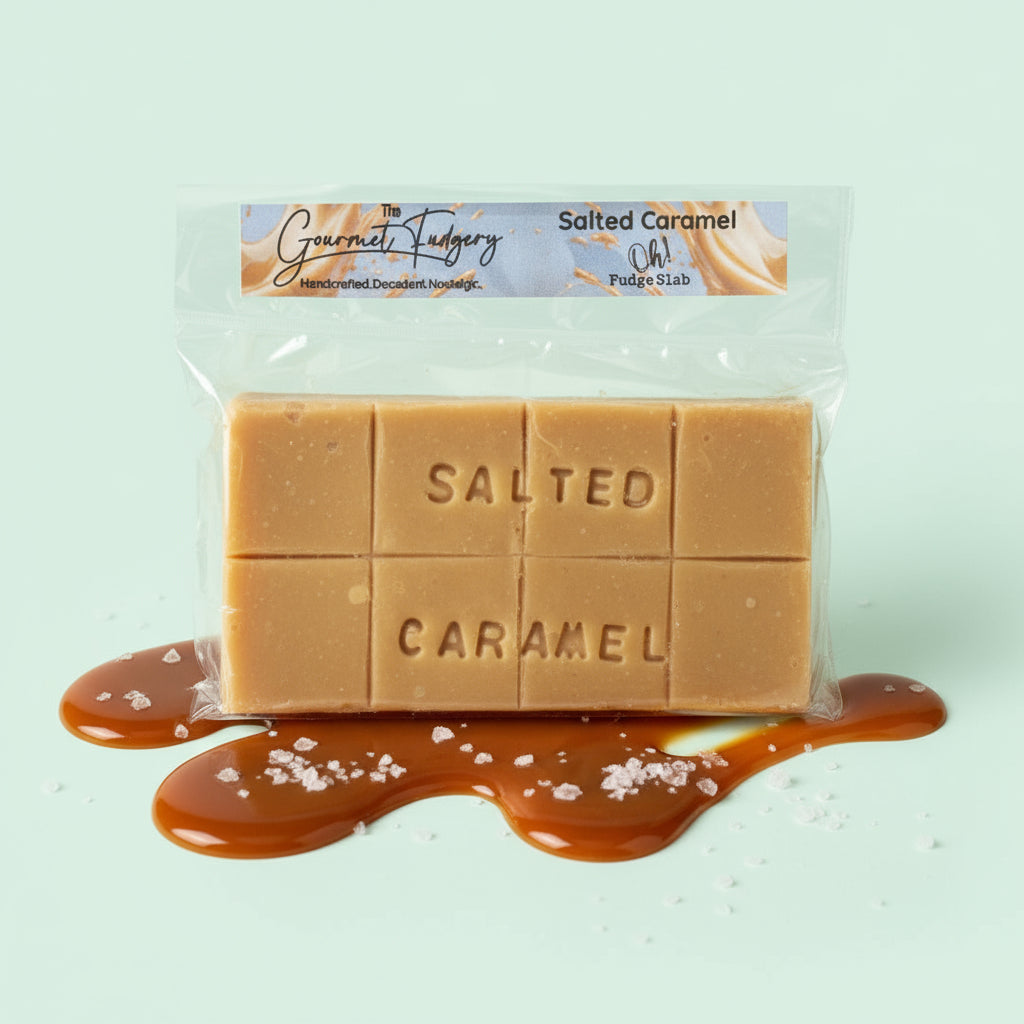 Packaged salted caramel fudge slabs on a mint green background with caramel drizzle and coarse sea salt