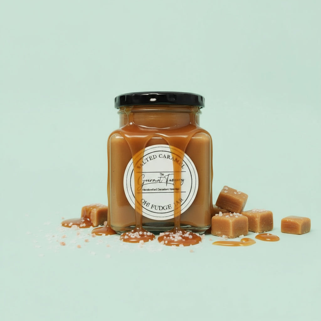 Jar of salted caramel fudge on a mint green background with salted caramel fudge pieces, sea salt, and caramel drizzle