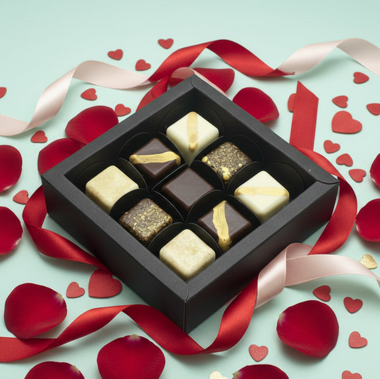 Assorted chocolates in a black box on a mint green surface